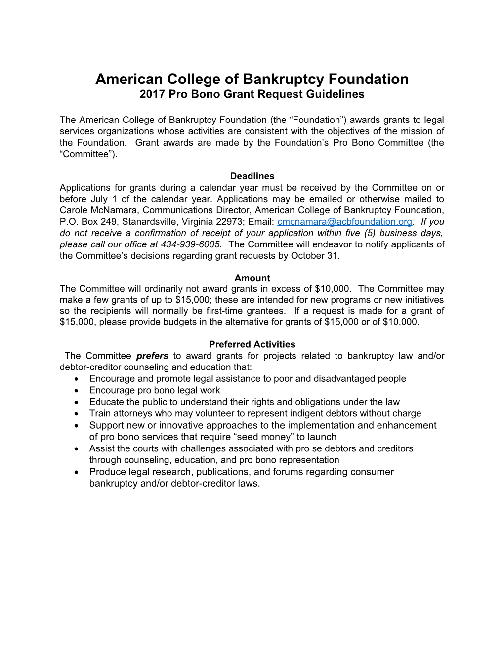 American College of Bankruptcy Foundation 2017 Pro Bono Grant Request Guidelines