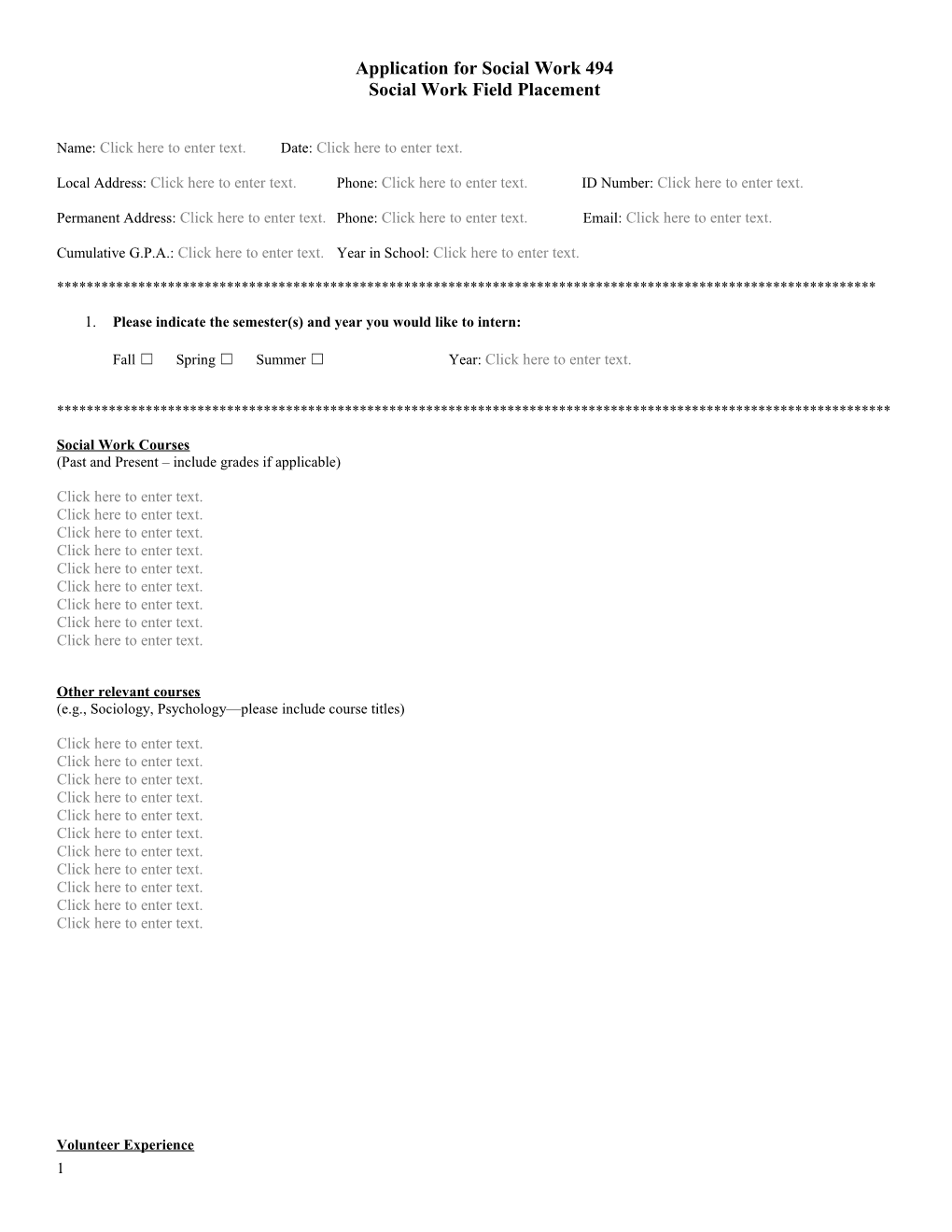 Application for Social Work 494 Social Work Field Placement