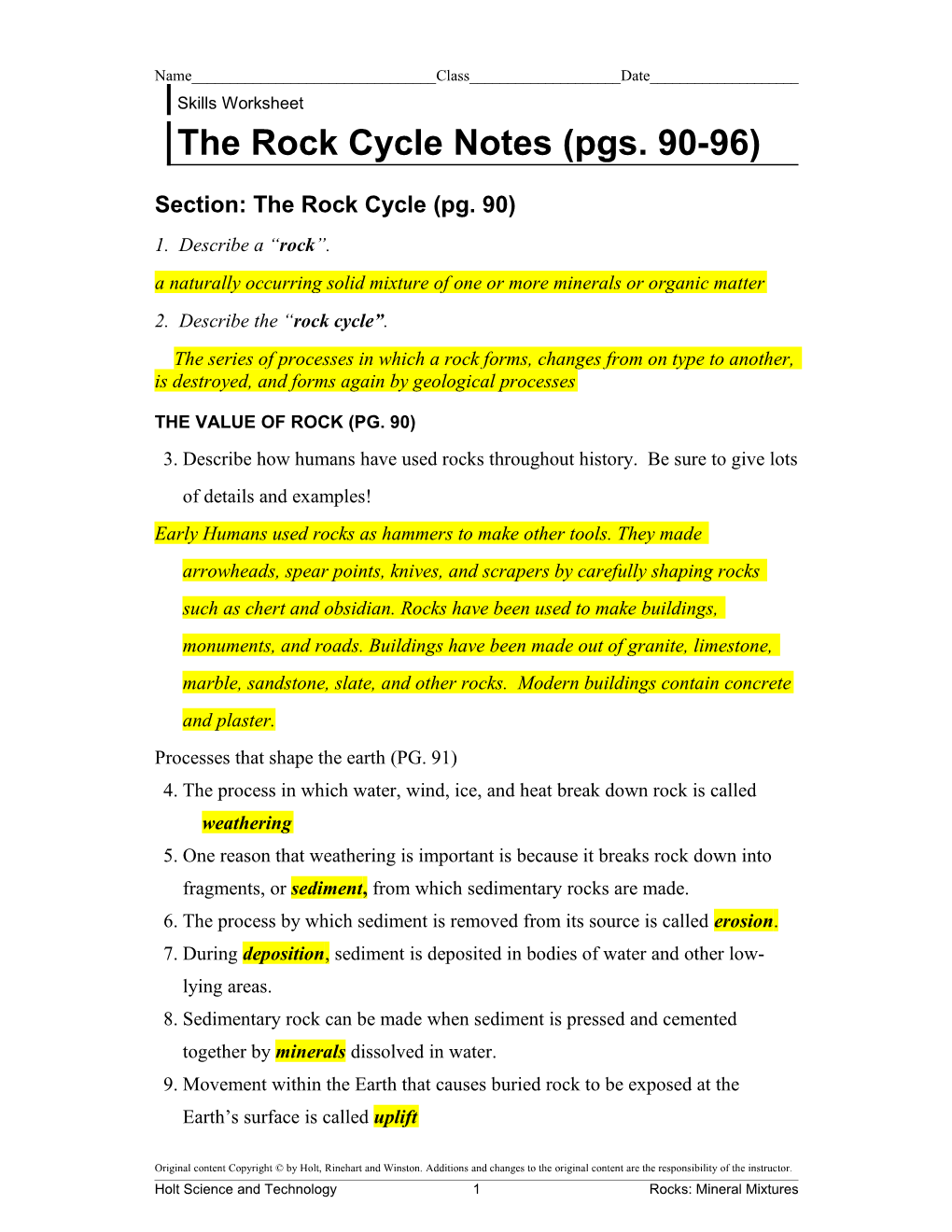 The Rock Cycle Notes (Pgs. 90-96)