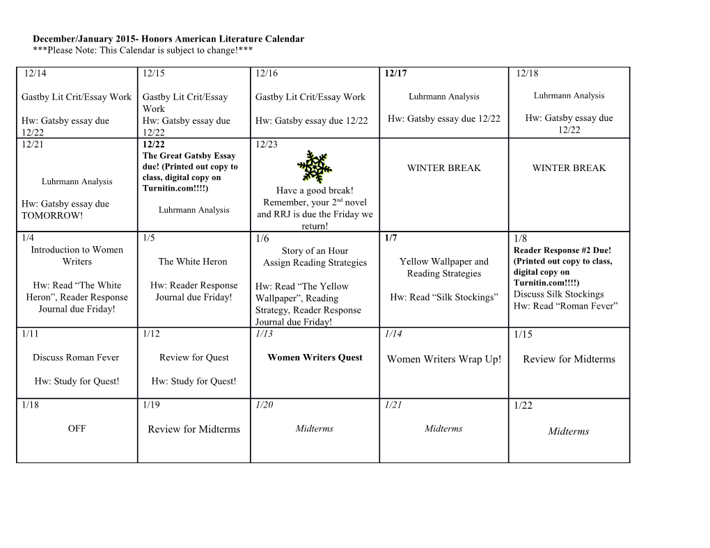 December/January 2015- Honors American Literature Calendar