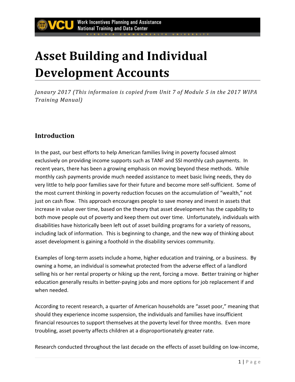 Asset Building and Individual Development Accounts