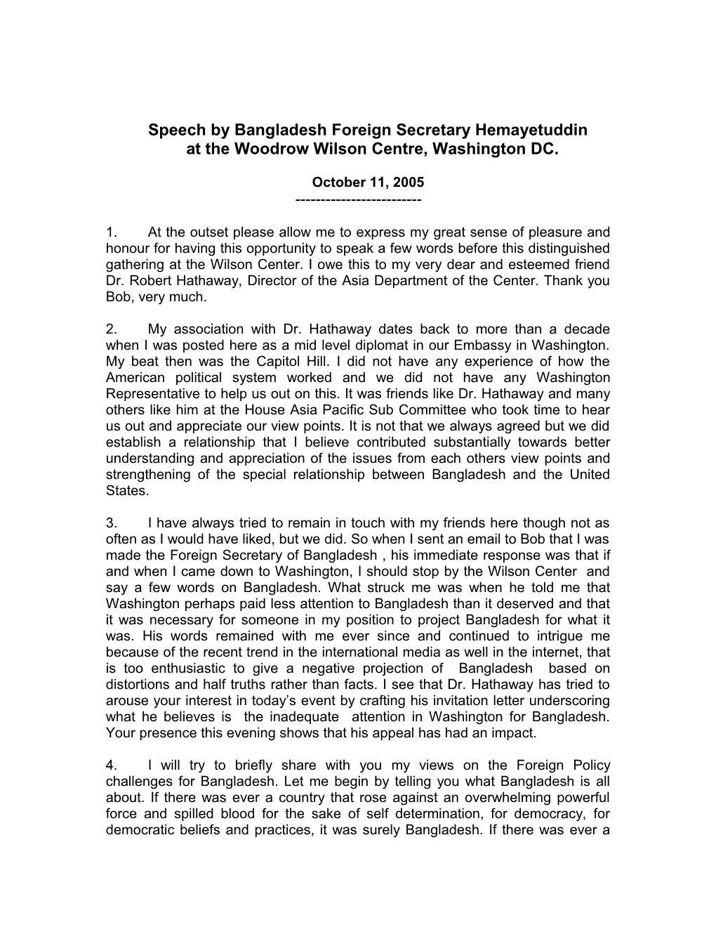 Speech by Bangladesh Foreign Secretary Hemayetuddin