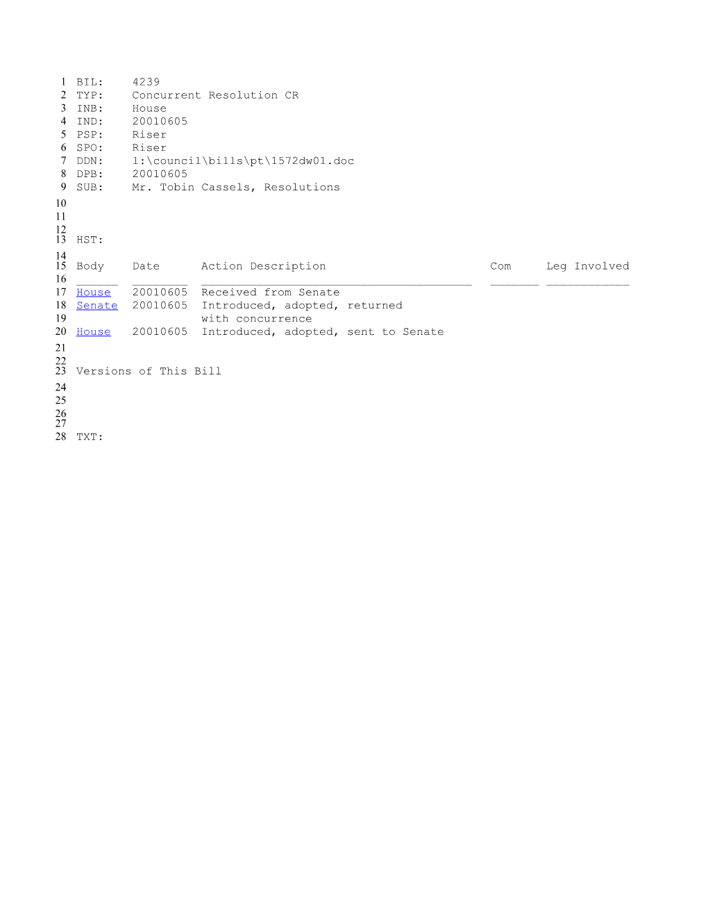 2001-2002 Bill 4239: Mr. Tobin Cassels, Resolutions - South Carolina Legislature Online