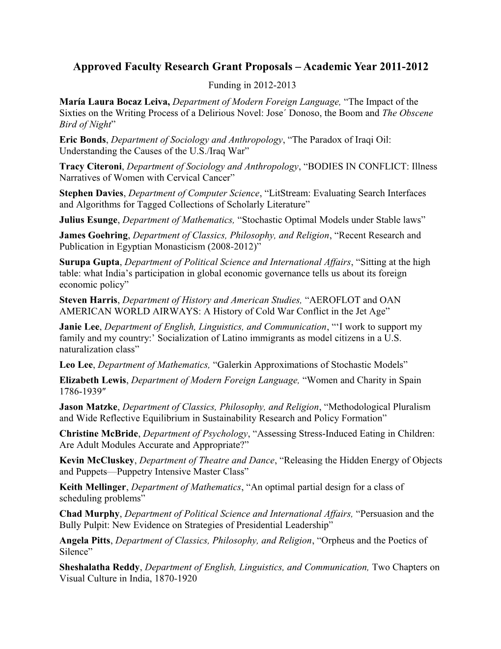 Approved Faculty Research Grant Proposals Academic Year 2011-2012