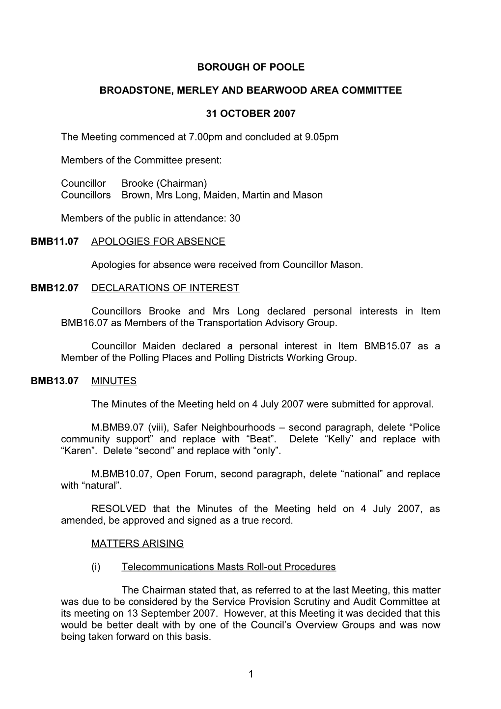 Minutes - Broadstone, Merley and Bearwood Area Committee - 31 October 2007