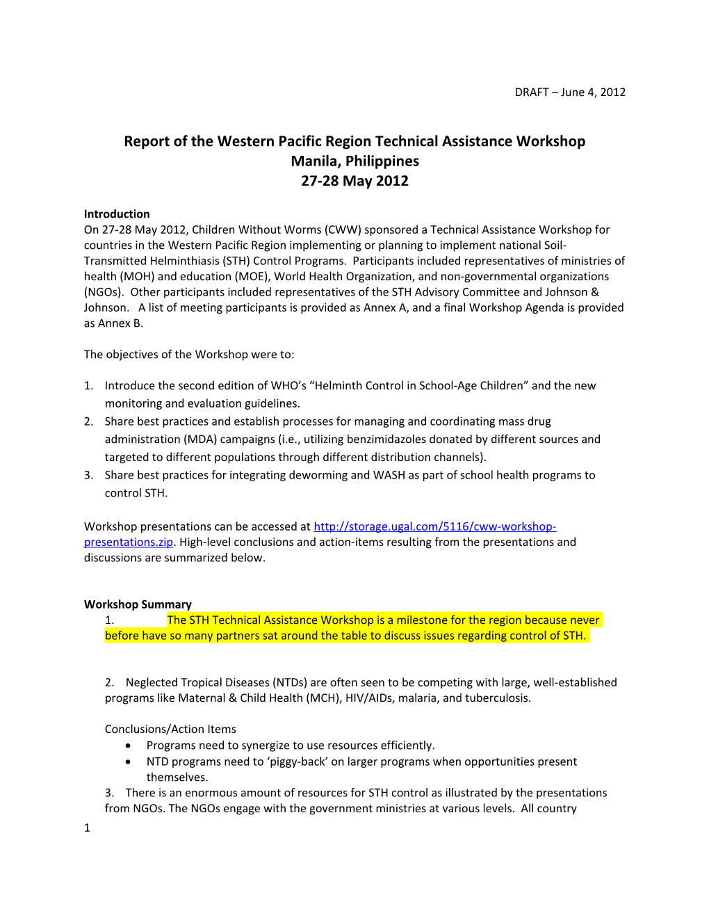 Report of the Western Pacific Region Technical Assistance Workshop
