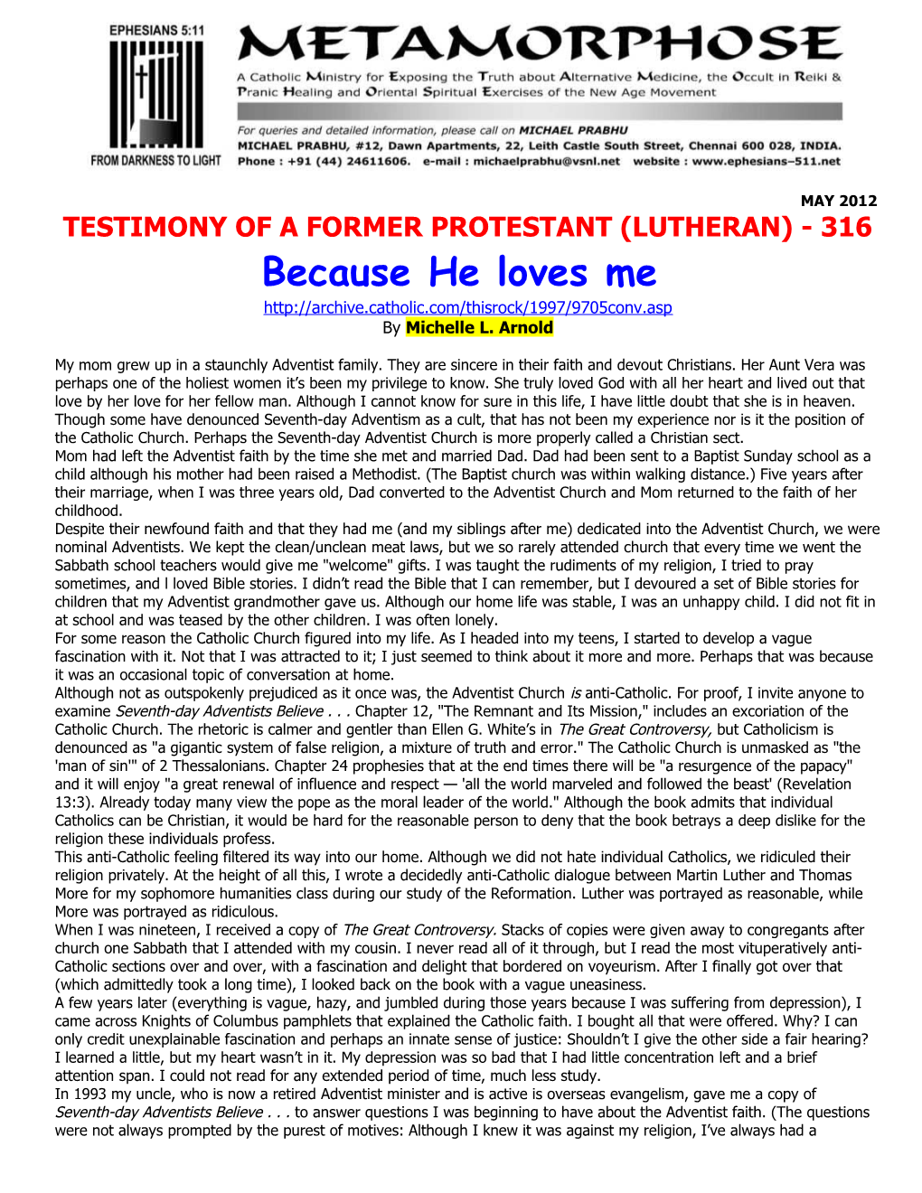 Testimony of a Former Protestant (Lutheran) - 316