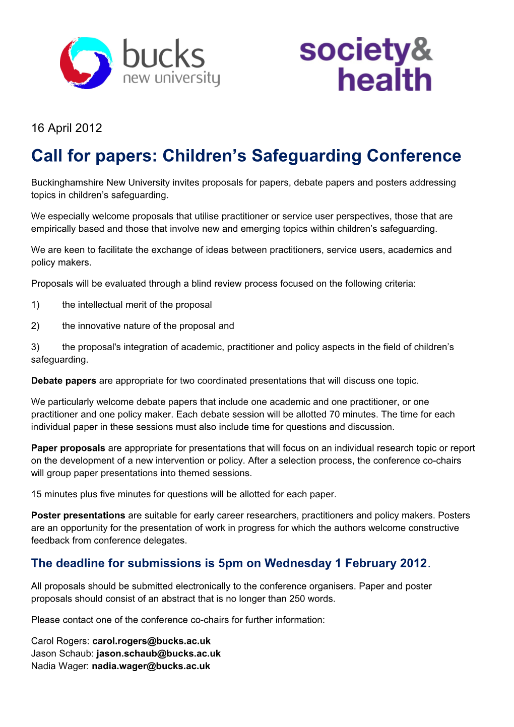Call for Papers:Children S Safeguarding Conference