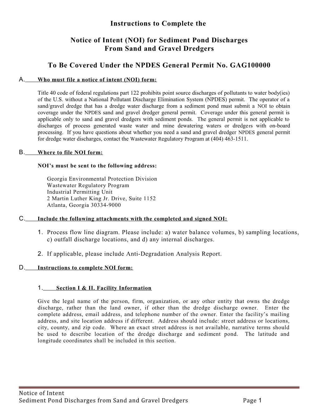 Notice of Intent (NOI) for Sediment Pond Discharges