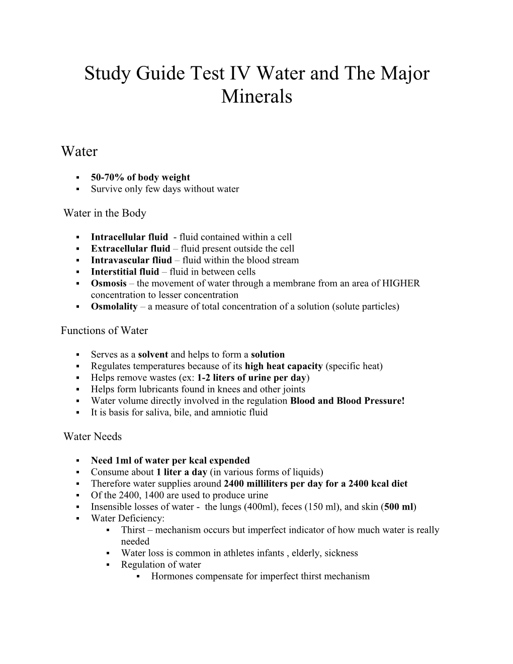 Study Guide Test IV Water and the Major Minerals