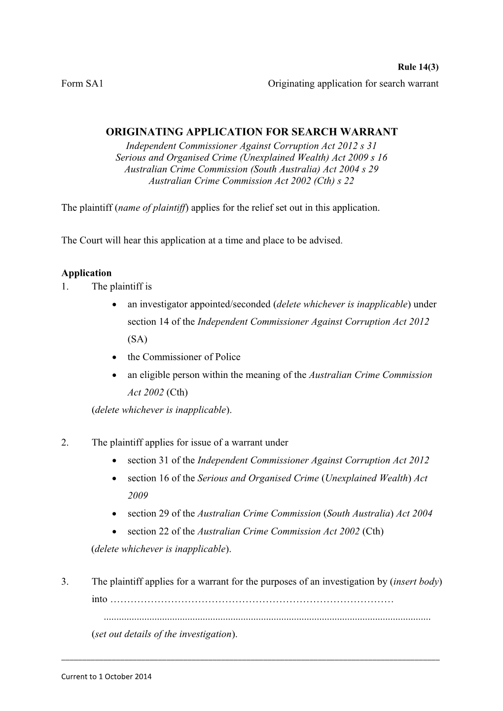 Form SA1 - Originating Application for Search Warrant