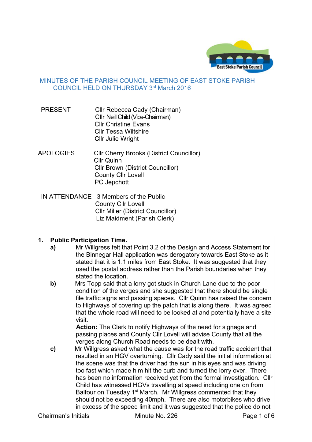 MINUTESOFTHE PARISH COUNCIL MEETING of EASTSTOKEPARISH COUNCIL HELD on THURSDAY 3Rd March 2016