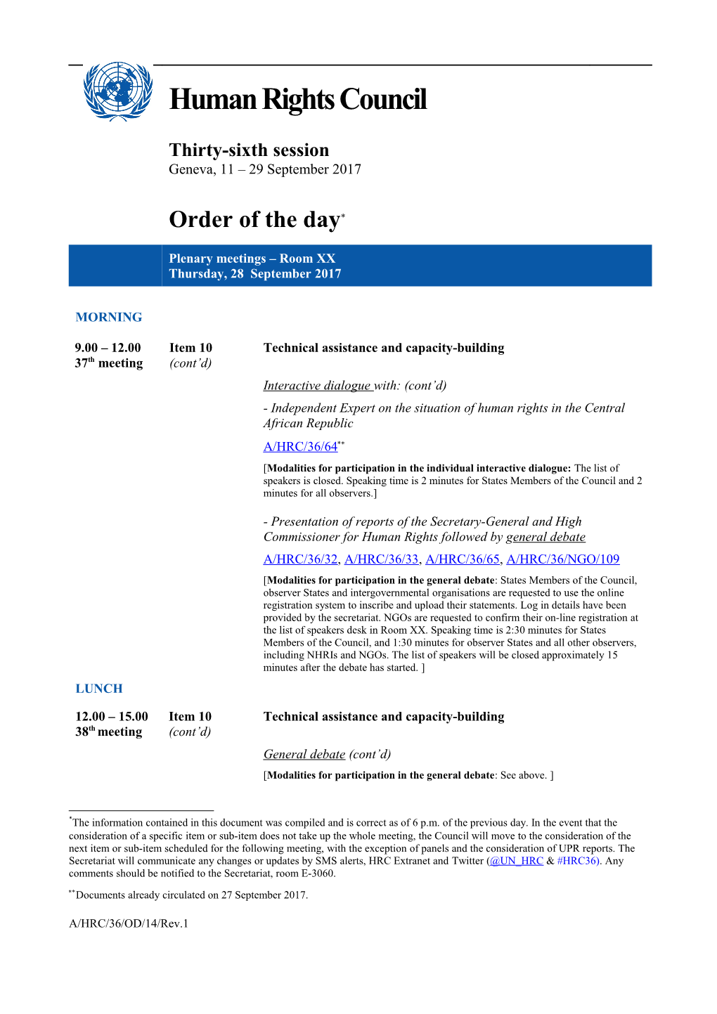 Order of the Day, Thursday, 28 September 2017