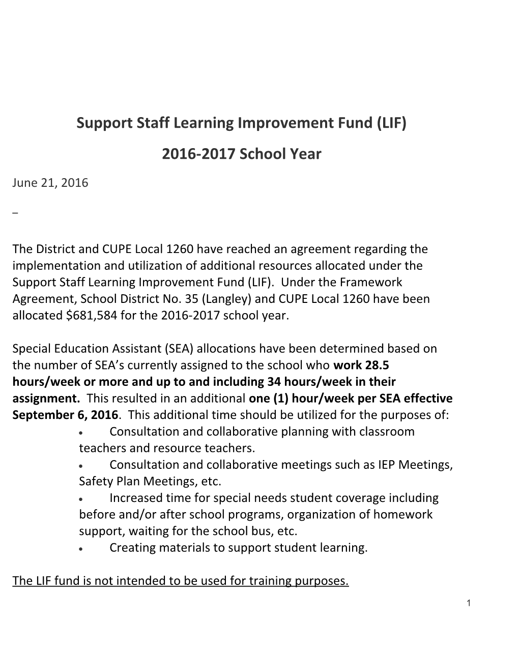 Support Staff Learning Improvement Fund (LIF)