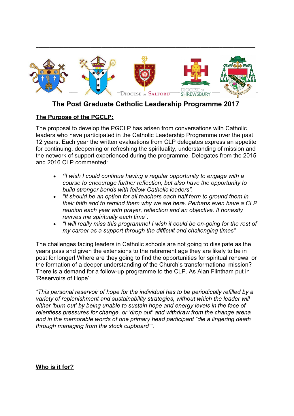 The Post Graduate Catholic Leadership Programme 2017