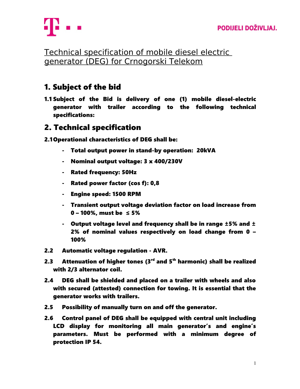 Technical Specification of Mobile Dieselelectric Generator (DEG) for Crnogorski Telekom