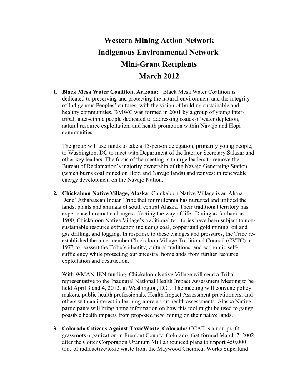 Western Mining Action Network Indigenous Environmental Network Mini-Grant Recipients