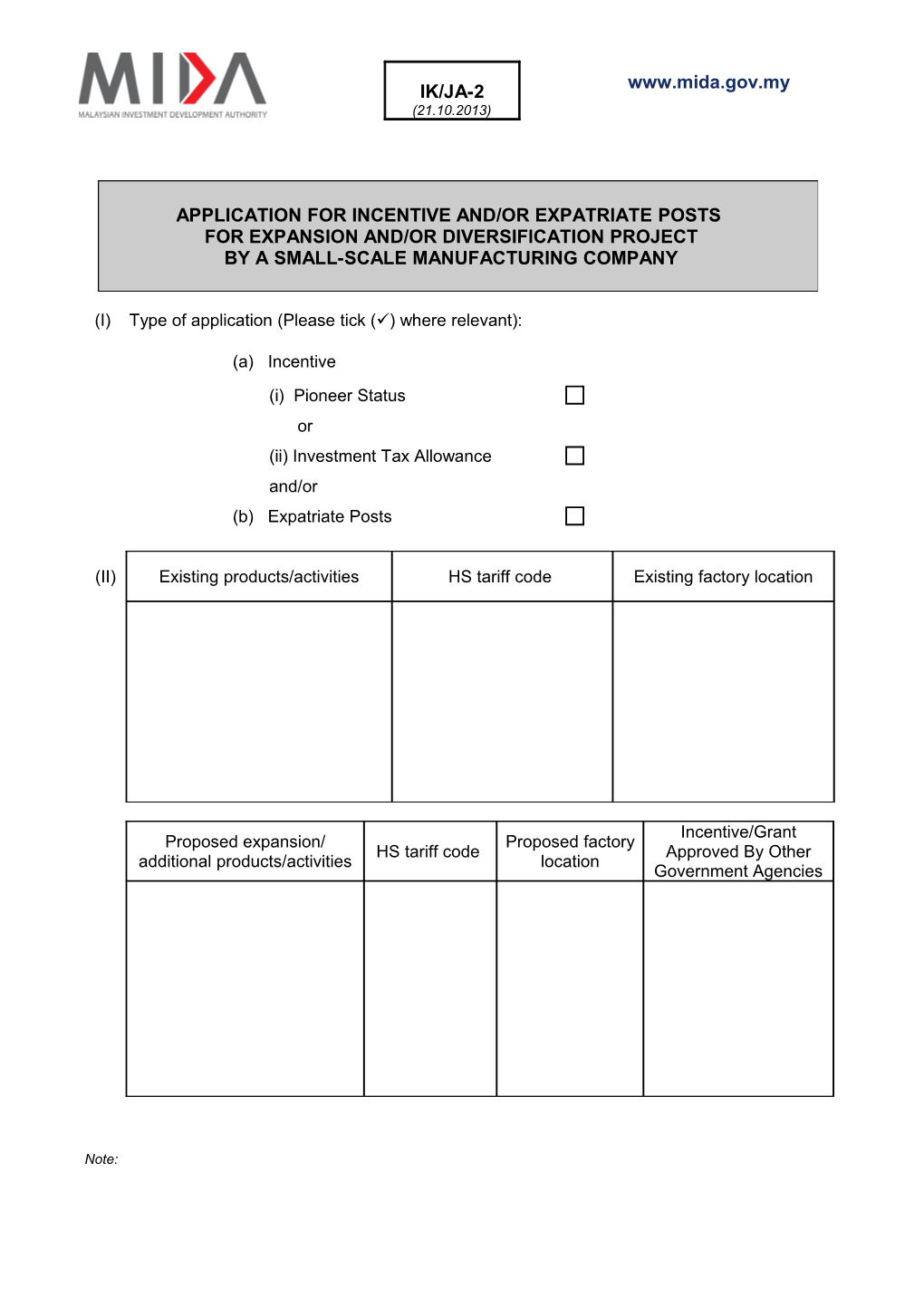 Application for Pioneer Status Incentive Under The