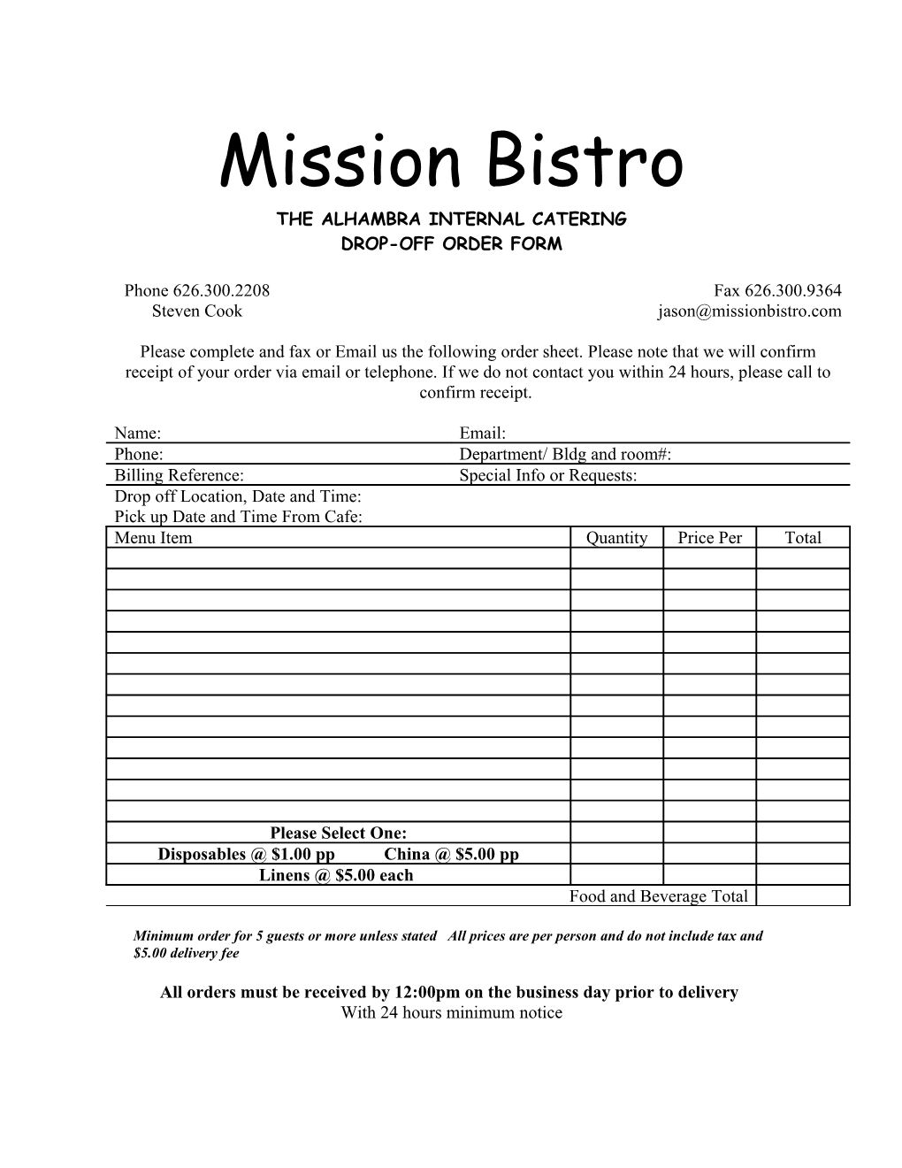 Drop-Off Order Form