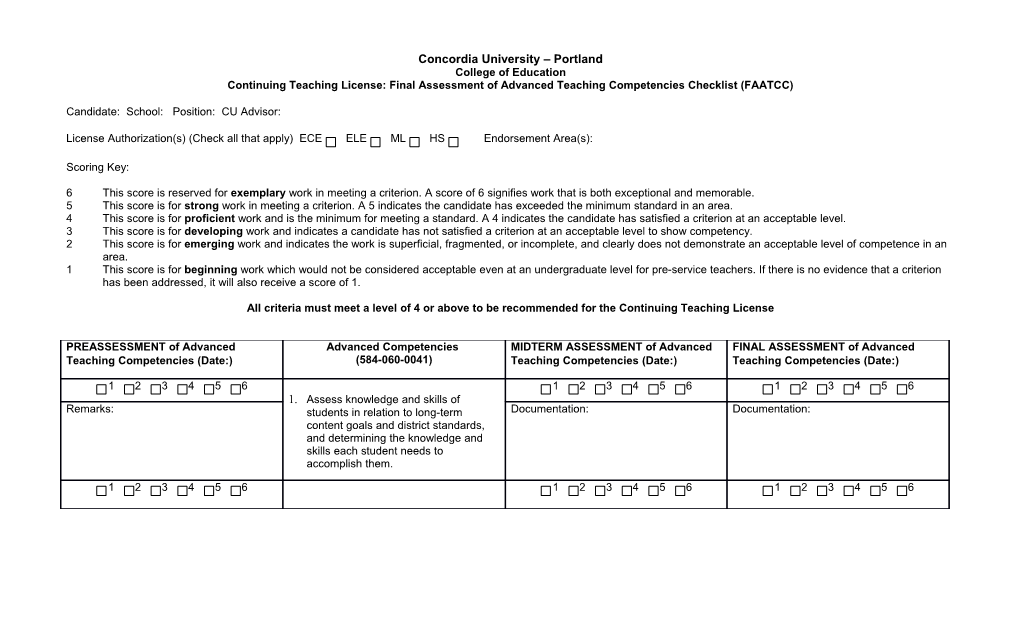 Continuing Teaching License: Final Assessment of Advanced Teaching Competencies Checklist