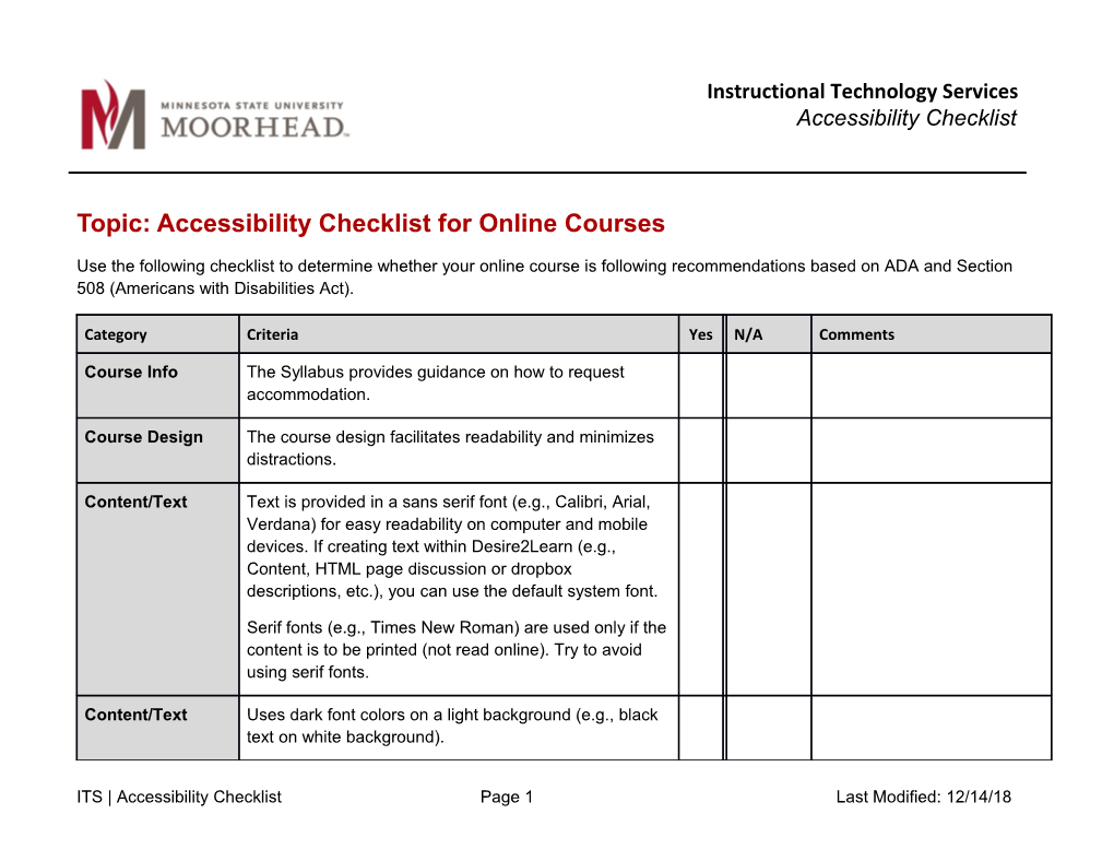 Topic: Accessibility Checklist for Online Courses