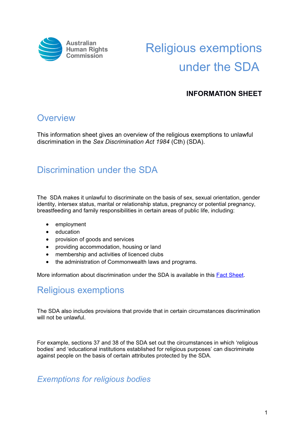 This Information Sheet Gives an Overview of the Religious Exemptions to Unlawful Discrimination