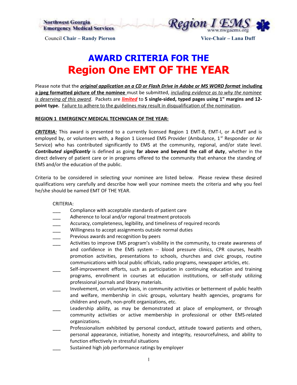 2005 Emt of the Year Award Criteria
