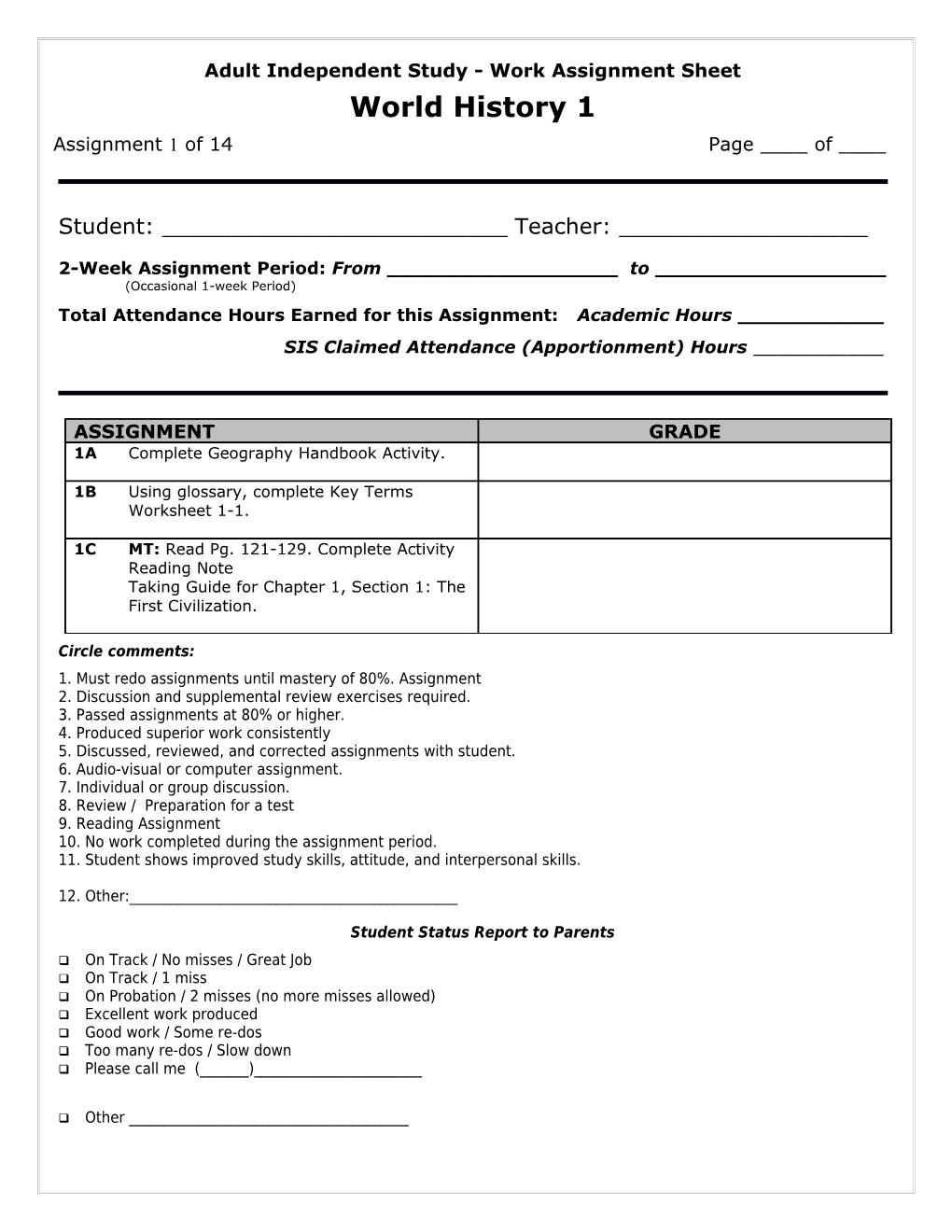 Adult Independent Study - Work Assignment Sheet World History 1