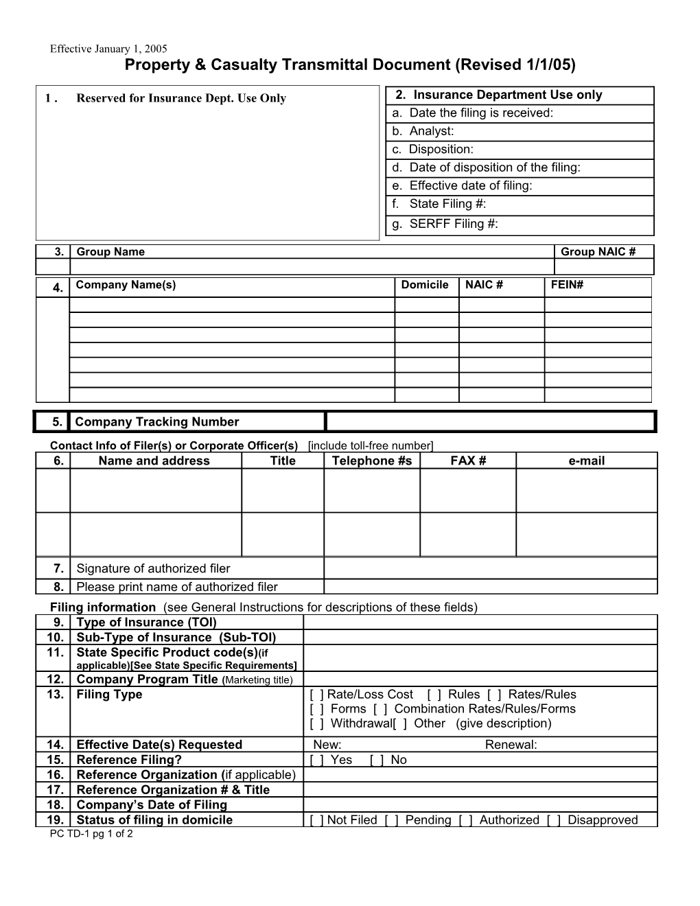 Property & Casualty Transmittal Document (Revised 1/1/04)
