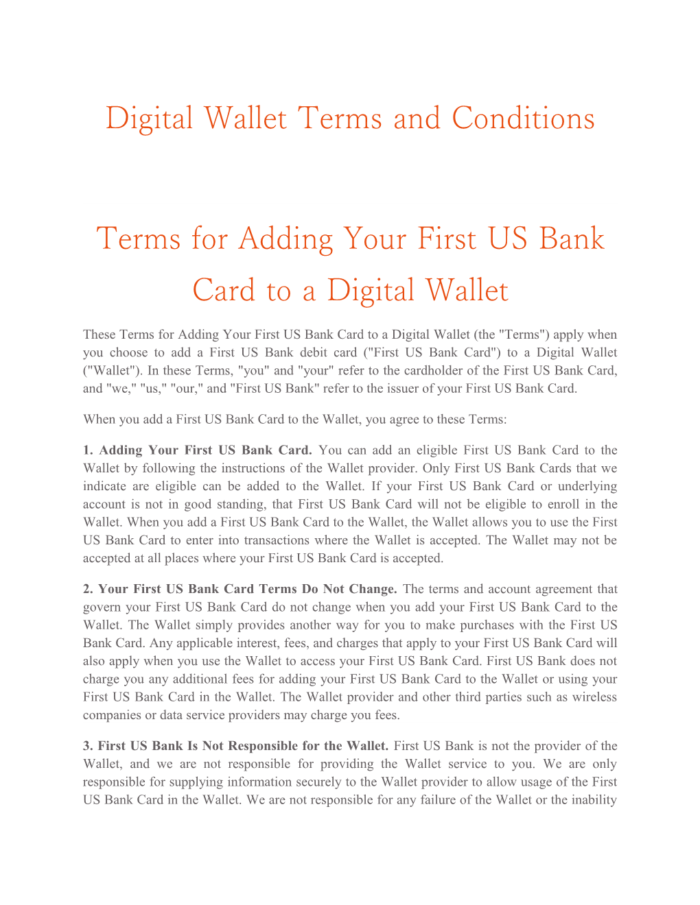 Terms for Adding Your First US Bank Card to a Digital Wallet