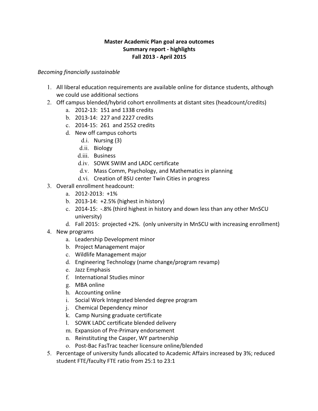 Master Academic Plan Goal Area Outcomes