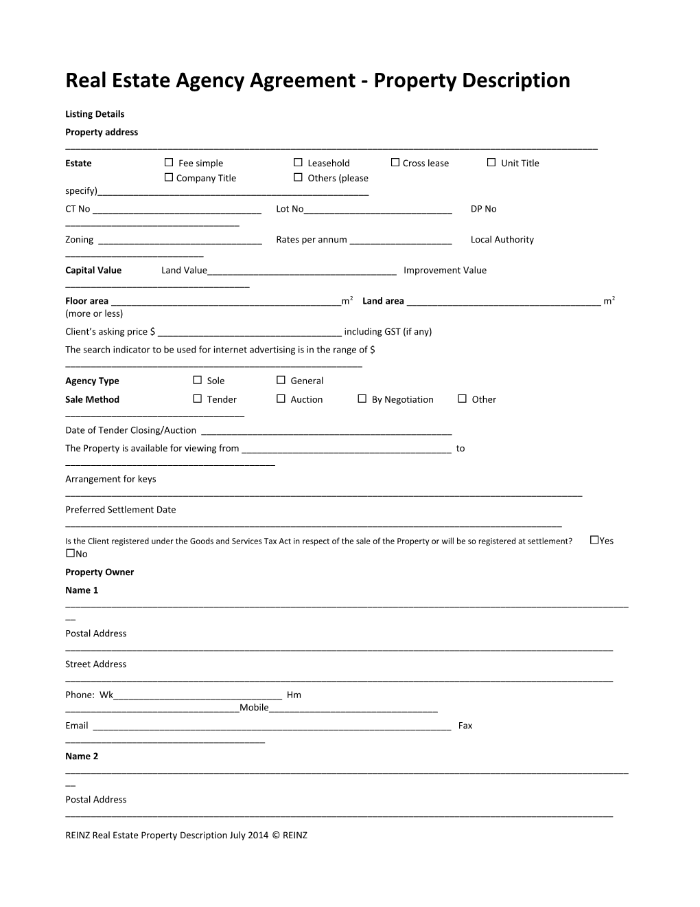 Real Estate Agency Agreement - Property Description