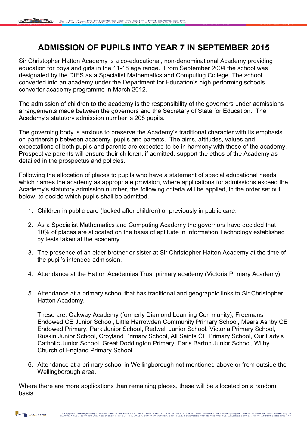 Admission of Pupils Into Year 7 in September 2015