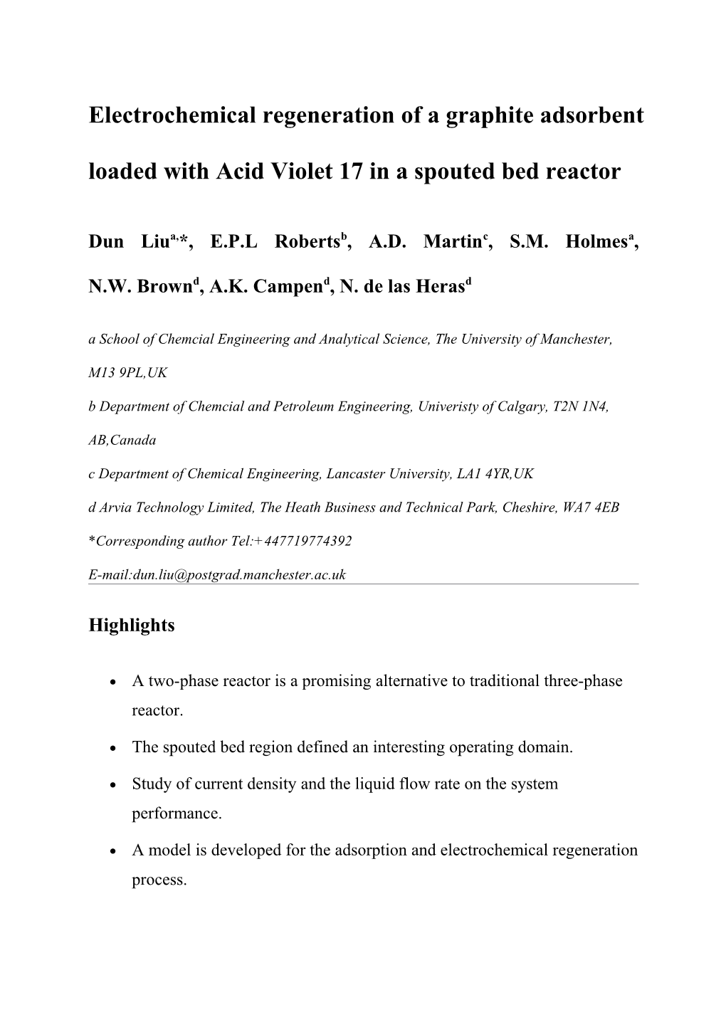 Electrochemical Regeneration of a Graphite Adsorbent Loaded with Acid Violet 17 in a Spouted