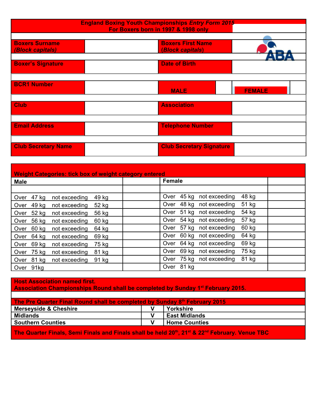 England Boxing Youth Championshipsentry Form 2015