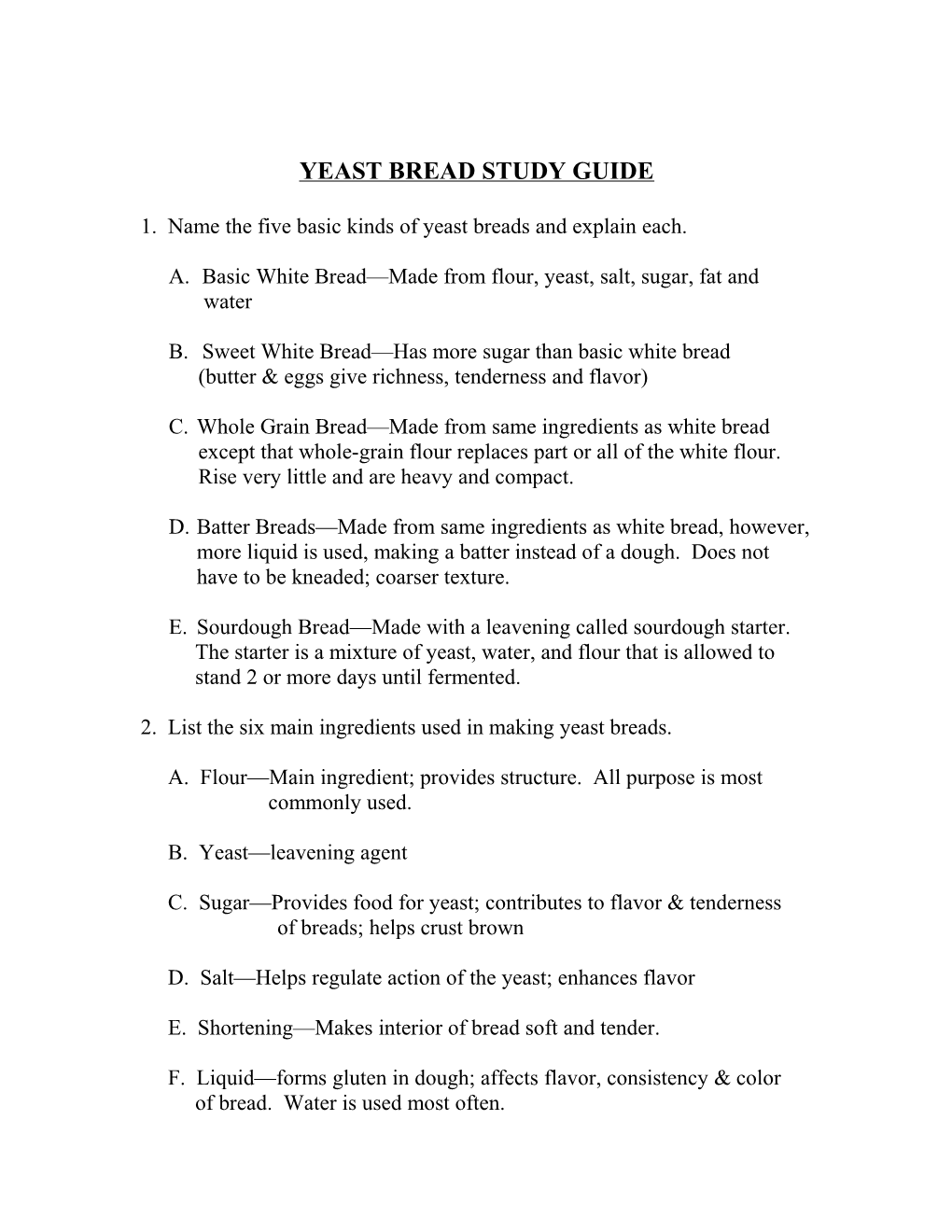 Yeast Bread Study Guide