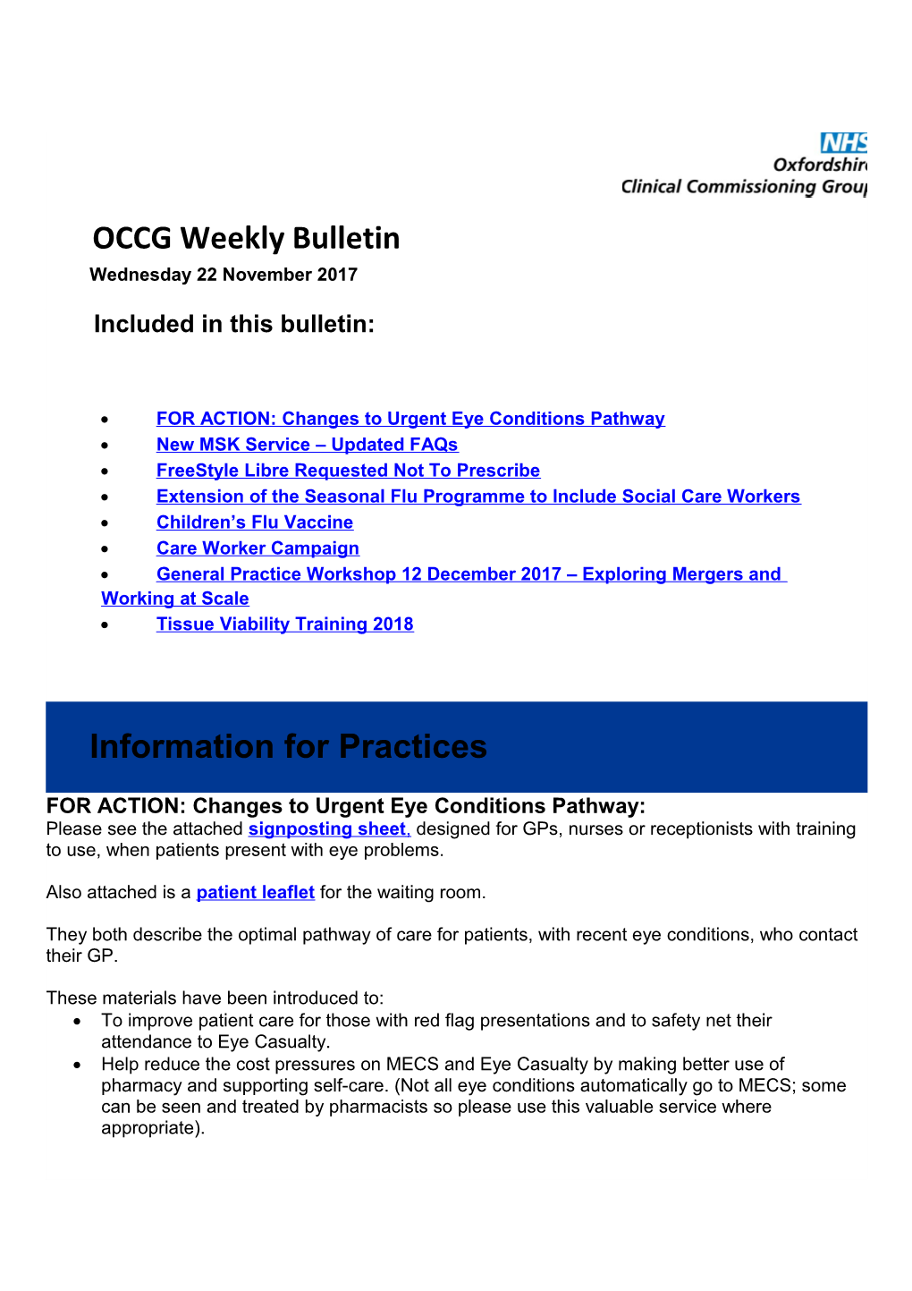 FOR ACTION: Changes to Urgent Eye Conditions Pathway