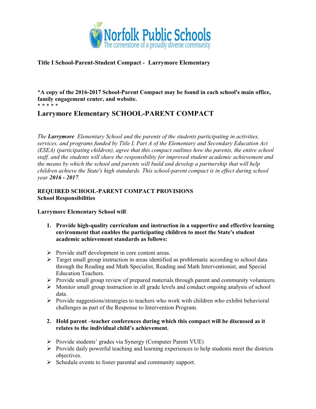 Title I School-Parent-Student Compact -Larrymore Elementary