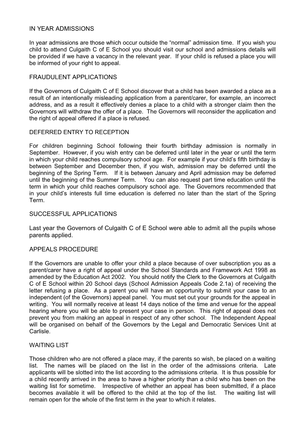 2013/14 Admissions Policy from Culgaith CE School for Consultation