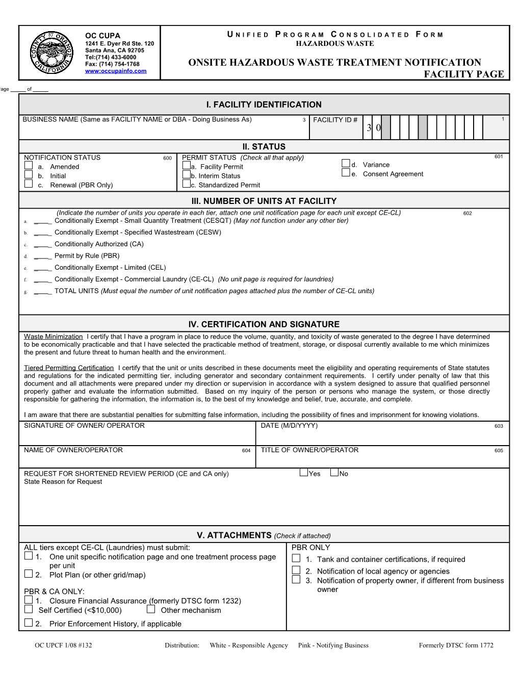 Onsite Hazardous Waste Treatment Notification Facility