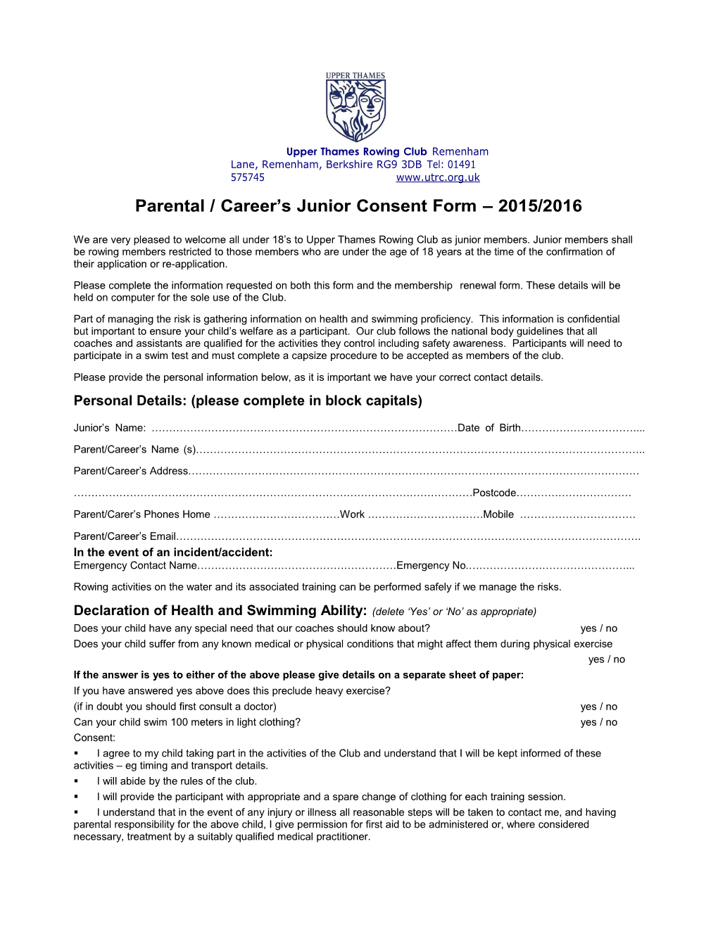 Junior Camp Application and Consent Form