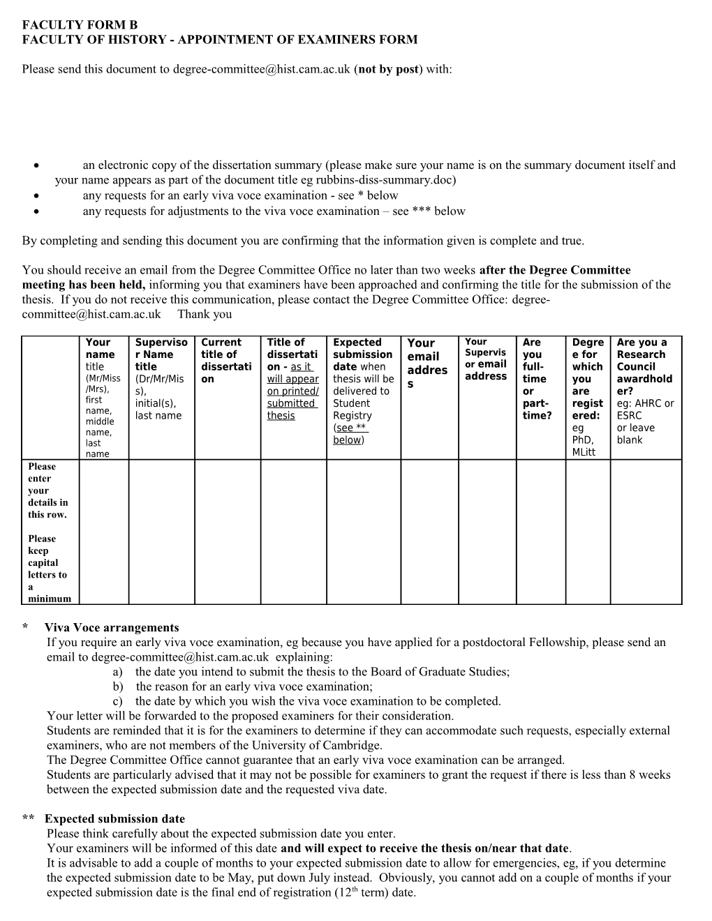 Faculty of History - Appointment of Examiners Form