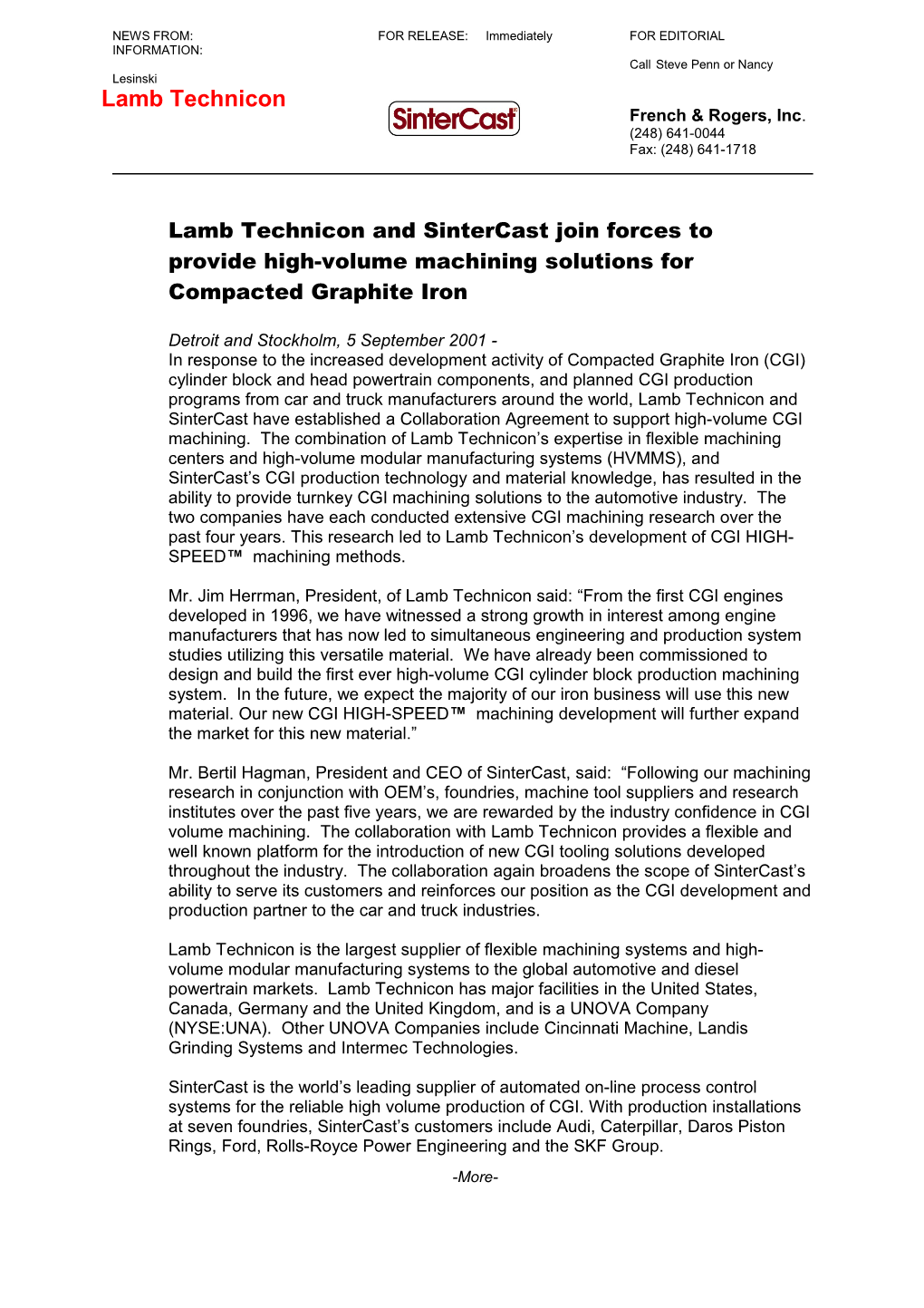 Lamb Technicon and Sintercast Join Forces To