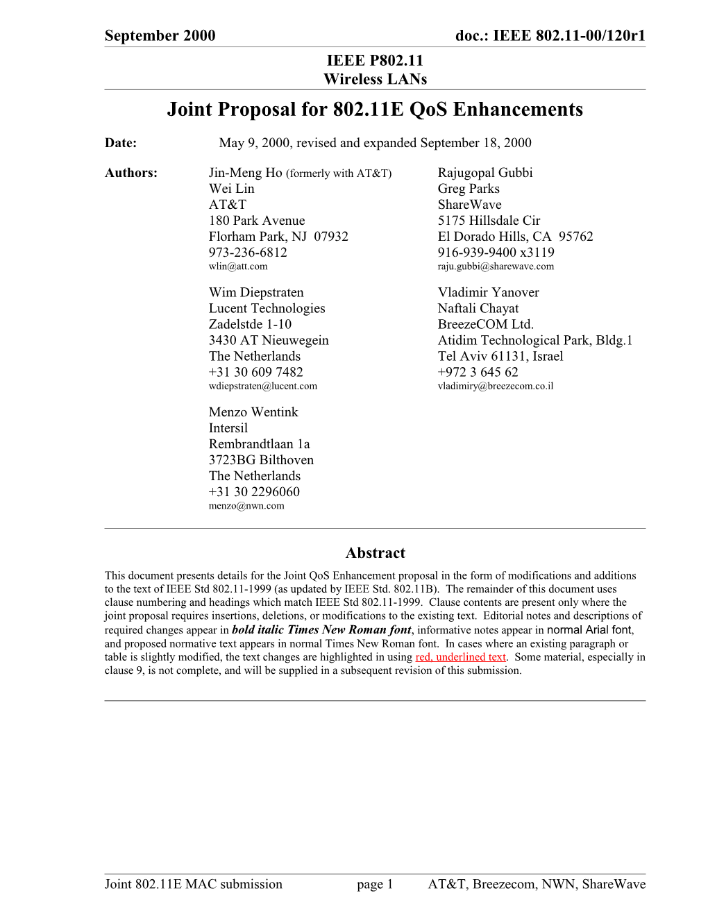 Joint Proposal for 802.11E Qos Enhancements