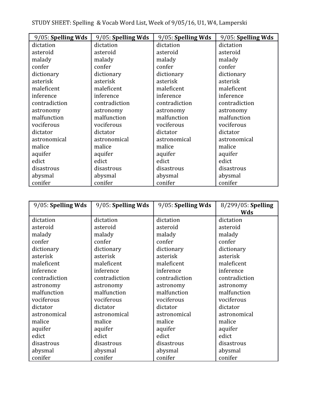 STUDY SHEET: Spelling & Vocab Word List, Week of 9/05/16, U1, W4, Lamperski
