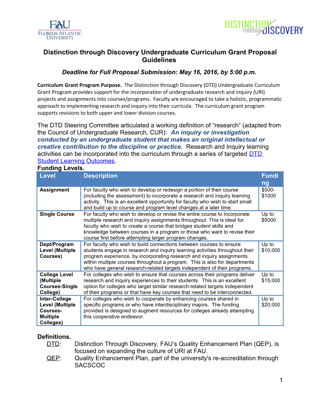 Distinction Through Discovery Undergraduate Curriculum Grant Proposal Guidelines