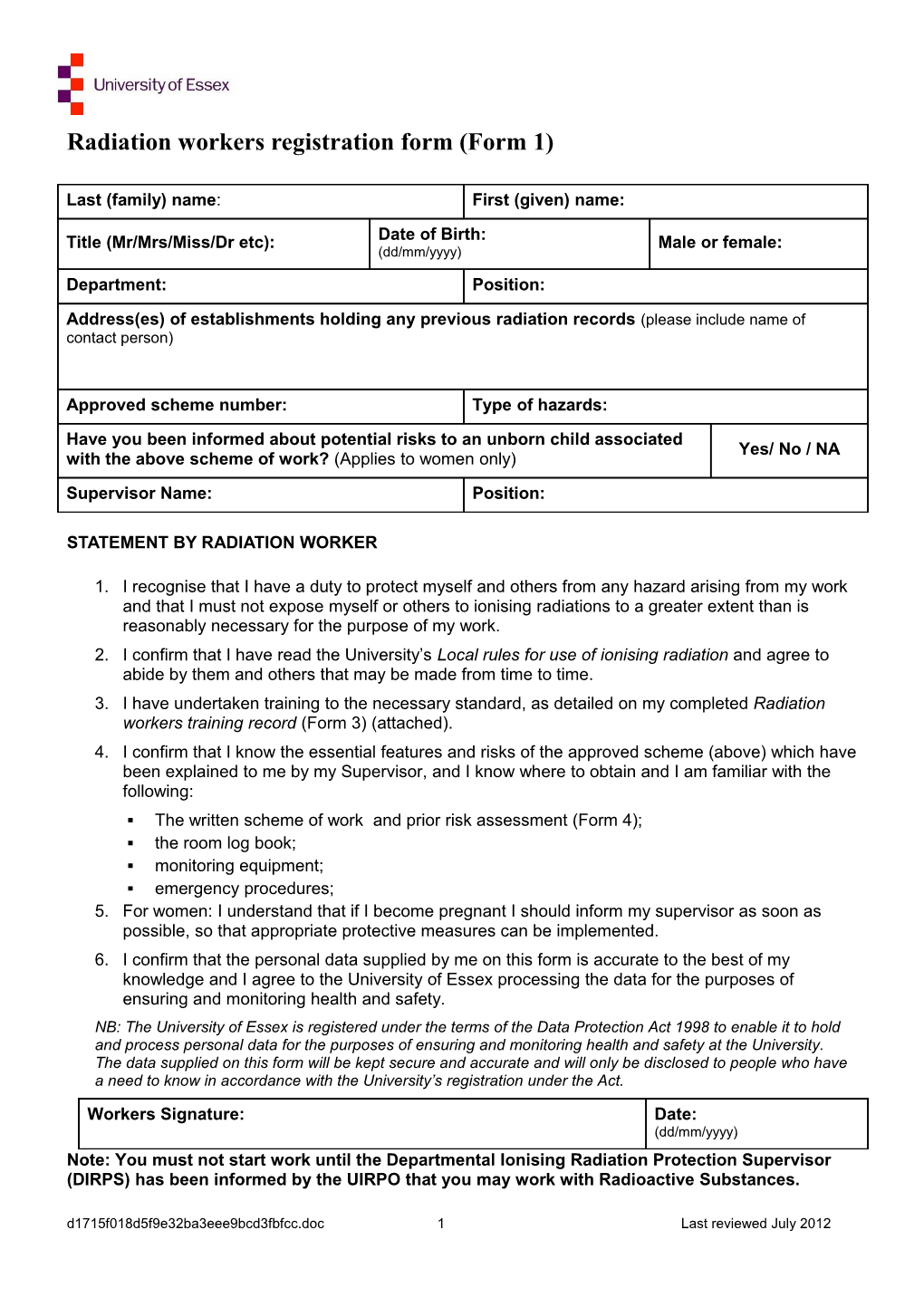 Radiation Workers Reg Form