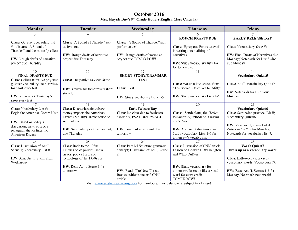 Mrs. Huynh-Duc S 9Th-Grade Honors English Class Calendar