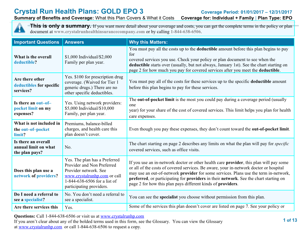 Crystal Run Health Plans:GOLD Epo3coverage Period: 01/01/2017 12/31/2017