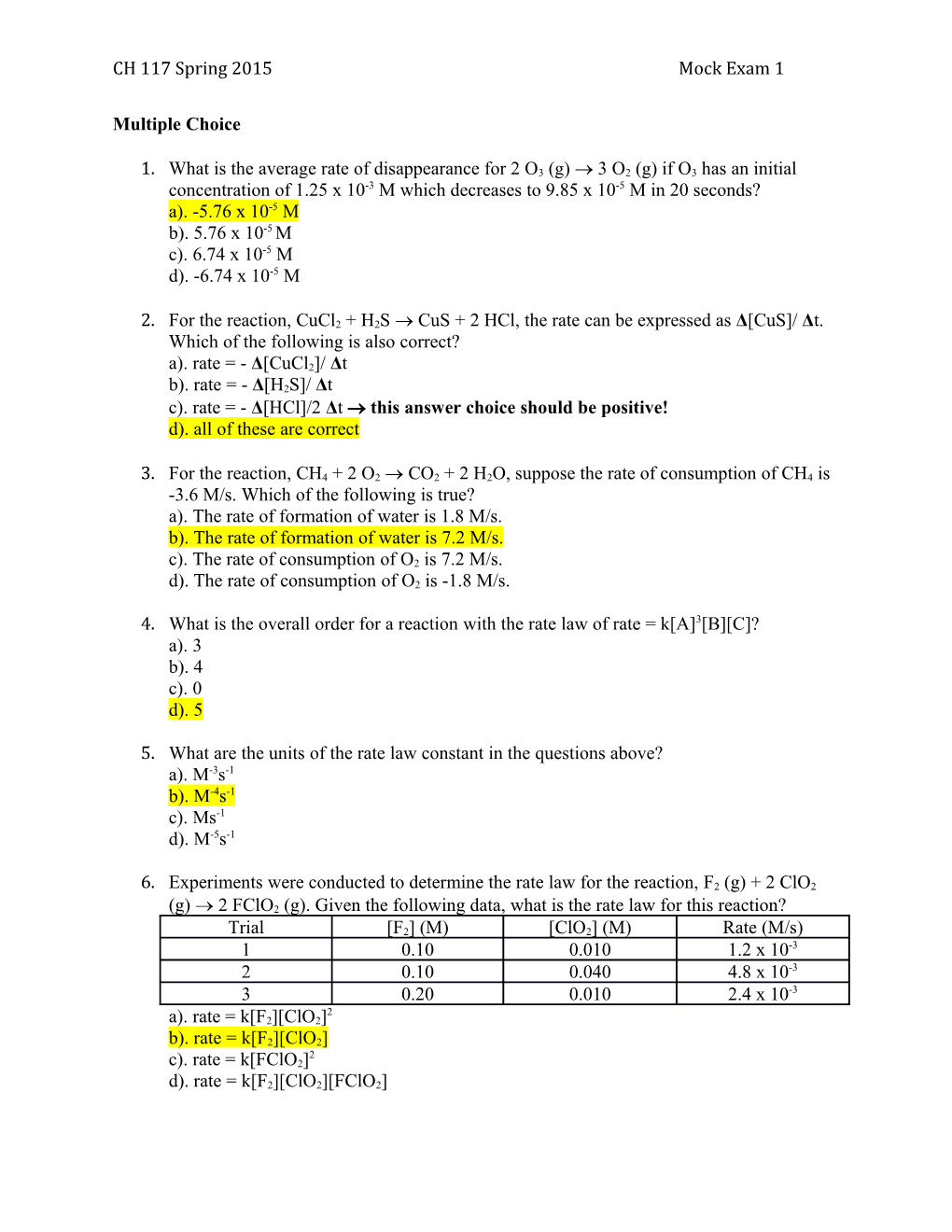 CH 117 Spring 2015Mock Exam 1